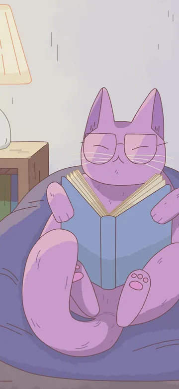A Good Book phone wallpaper: A purple cat in glasses reading a book in a navy beanbag next to a lamp, a bookshelf and a potted plant