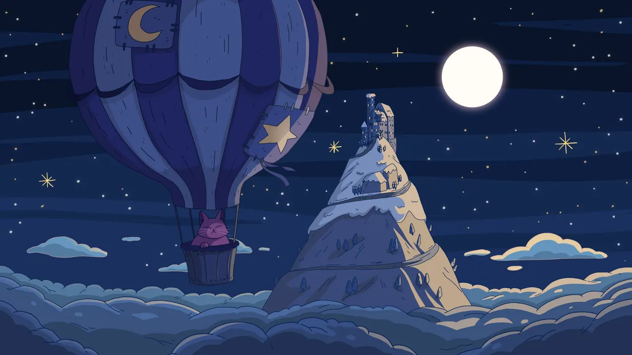 Above the Clouds desktop wallpaper by Purrple Cat: A purple cat riding a patched hot-air balloon above a sea of clouds beside a snowy peak with a tower, under a full moon