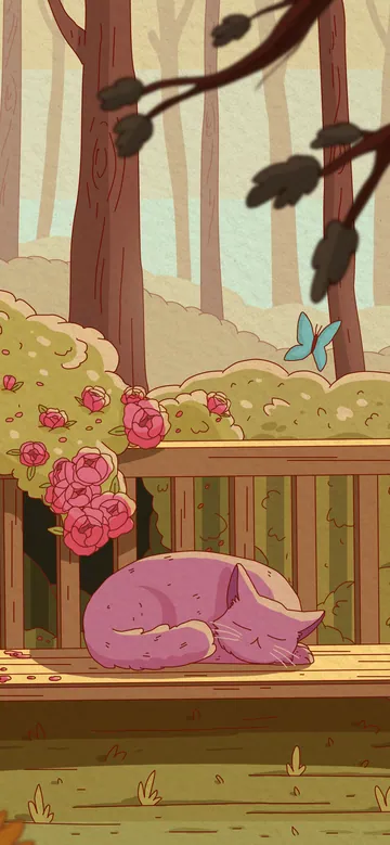 Bloom phone wallpaper: A purple cat curled asleep on a wooden garden bench surrounded by pink roses, a red bird and a sunflower