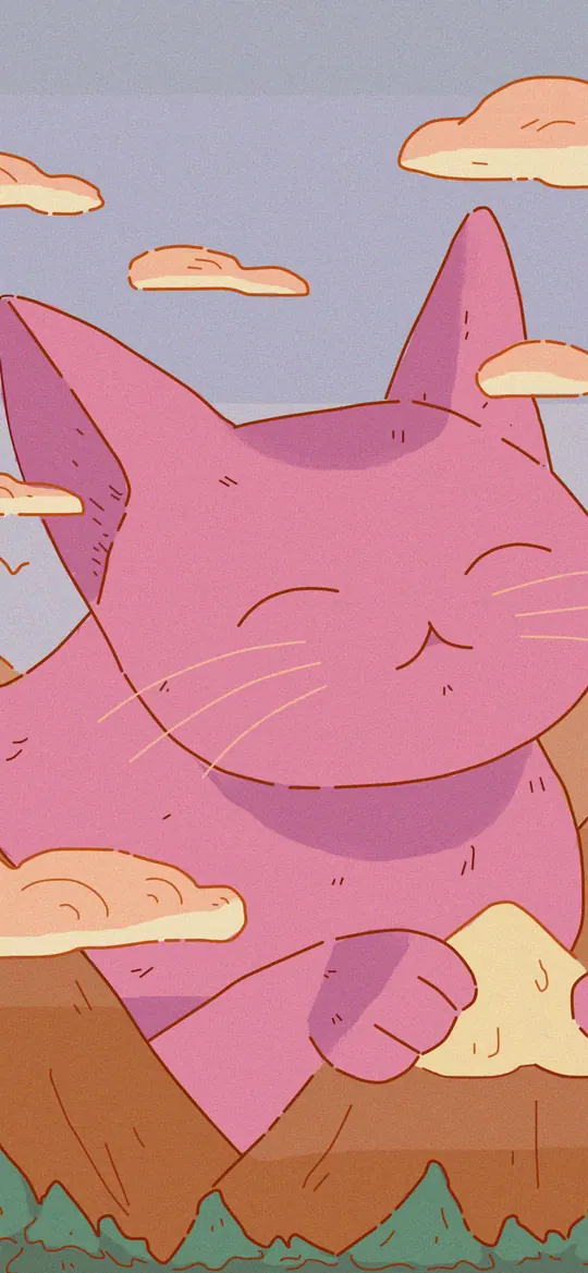 Brain Fog phone wallpaper by Purrple Cat: A giant purple cat rising calmly behind pastel orange mountains with peach clouds and a flock of birds