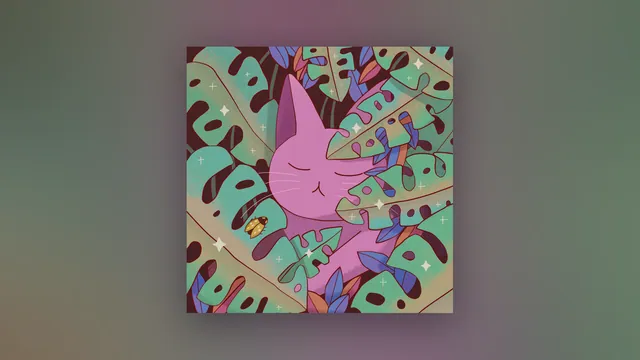 Cat Nap desktop wallpaper: A purple cat napping among huge green monstera and tropical leaves, with a tiny golden beetle
