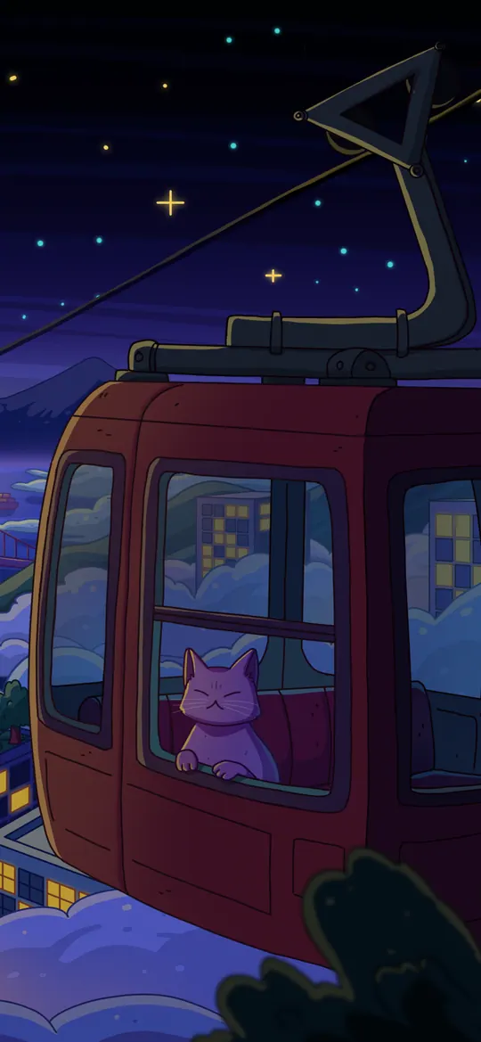 City Nights 3 phone wallpaper by Purrple Cat: A red cable car gliding over a glowing night city and low clouds under a crescent moon, a cat looking out of its window