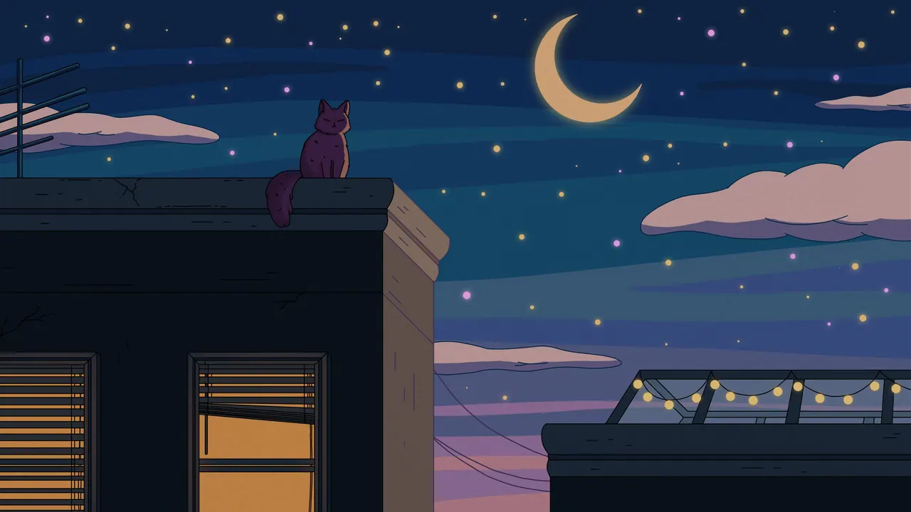 City Nights desktop wallpaper by Purrple Cat: A cat silhouette on a rooftop under a crescent moon, string lights on the next roof and a lit window with blinds, deep blue sky with pink clouds