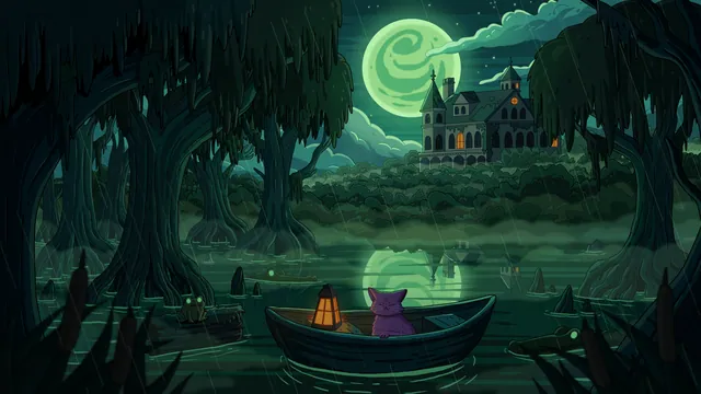 Cypress Manor desktop wallpaper: A purple cat in a rowboat with a glowing lantern on a rainy bayou, mossy cypress trees, a swirly green moon and a manor with orange windows