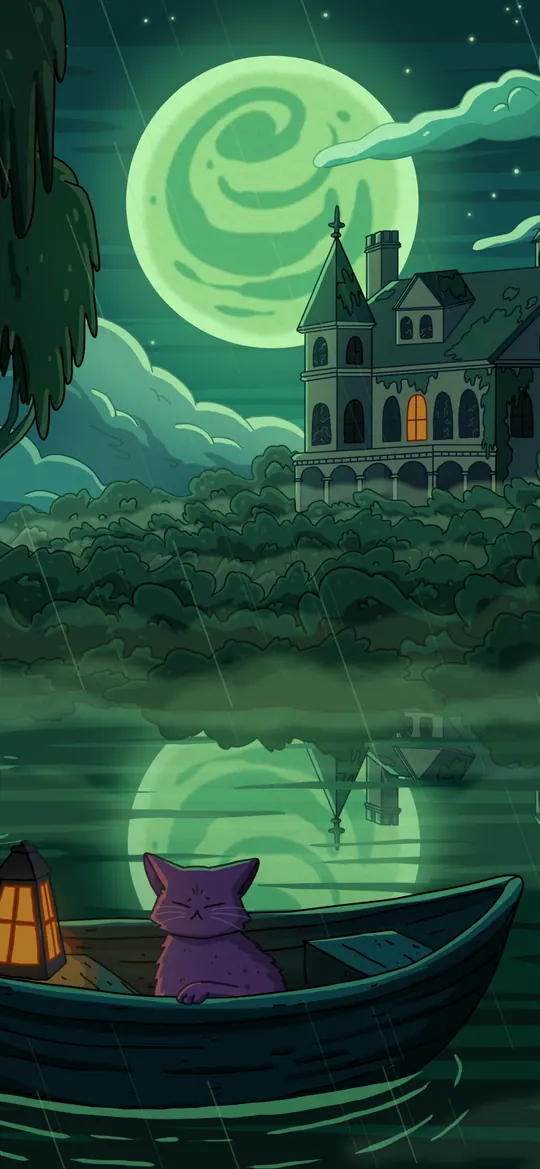 Cypress Manor phone wallpaper by Purrple Cat: A purple cat in a rowboat with a glowing lantern on a rainy bayou, mossy cypress trees, a swirly green moon and a manor with orange windows