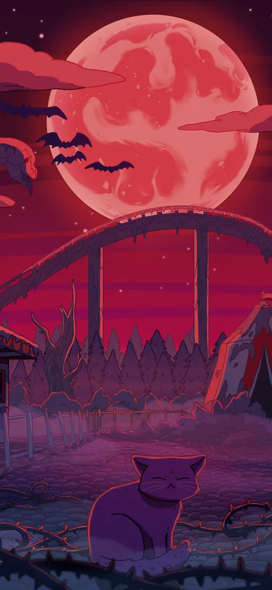 Dino Land phone wallpaper by Purrple Cat: An abandoned amusement park with a rollercoaster, Ferris wheel and dinosaur statues under a huge blood-red moon, bats in the sky