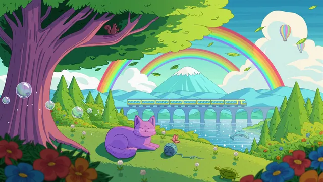 Happy Place desktop wallpaper: A purple cat napping with a ball of yarn under a purple-trunked tree, with a double rainbow, a hot-air balloon and a train on a viaduct