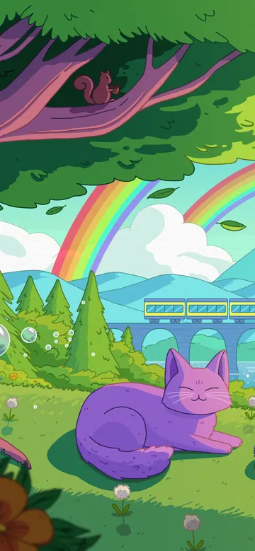 Happy Place phone wallpaper: A purple cat napping with a ball of yarn under a purple-trunked tree, with a double rainbow, a hot-air balloon and a train on a viaduct