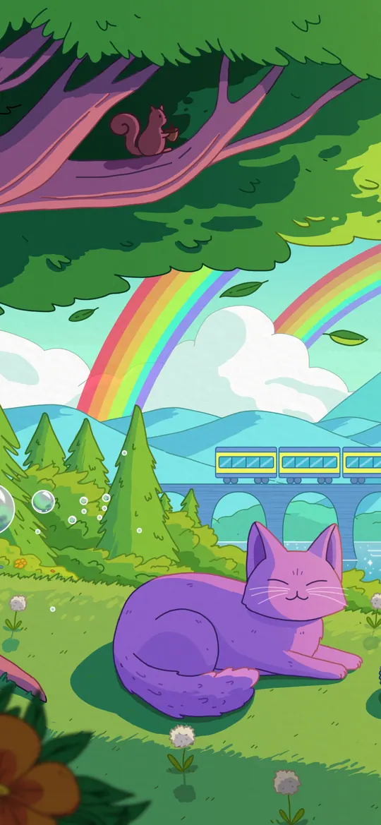 Happy Place phone wallpaper by Purrple Cat: A purple cat napping with a ball of yarn under a purple-trunked tree, with a double rainbow, a hot-air balloon and a train on a viaduct