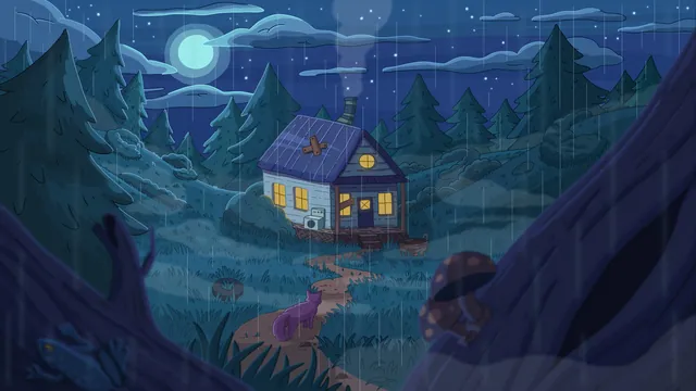 House in the Woods desktop wallpaper: A cozy wooden cabin with warm windows and chimney smoke in a rainy night forest under a full moon, a small cat on the path