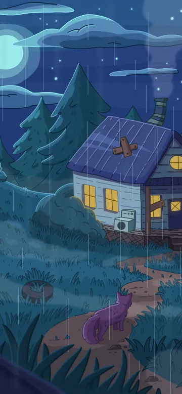 House in the Woods phone wallpaper: A cozy wooden cabin with warm windows and chimney smoke in a rainy night forest under a full moon, a small cat on the path