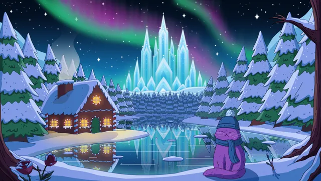 Ice Palace desktop wallpaper: A purple cat in a beanie and scarf by a frozen lake, a gingerbread cottage and a crystal ice palace under a green and pink aurora
