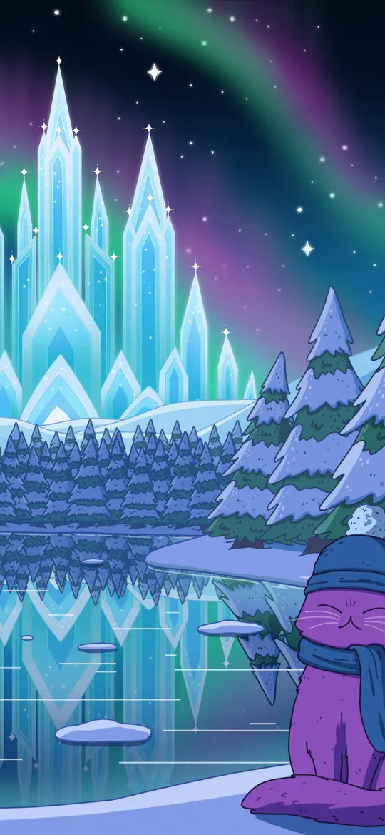 Ice Palace phone wallpaper by Purrple Cat: A purple cat in a beanie and scarf by a frozen lake, a gingerbread cottage and a crystal ice palace under a green and pink aurora