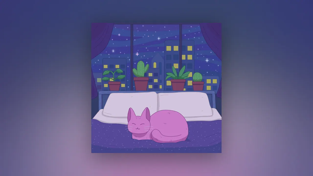 Indigo Dreams desktop wallpaper by Purrple Cat: A purple cat curled up on a bed under a big window lined with cacti and houseplants, an indigo city skyline and stars outside