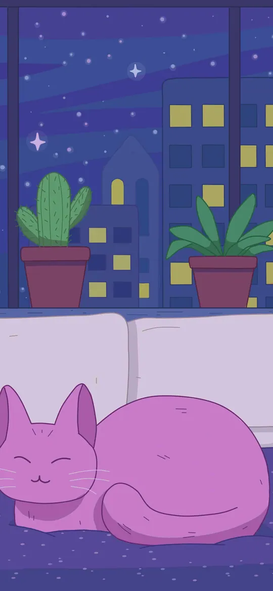 Indigo Dreams phone wallpaper by Purrple Cat: A purple cat curled up on a bed under a big window lined with cacti and houseplants, an indigo city skyline and stars outside