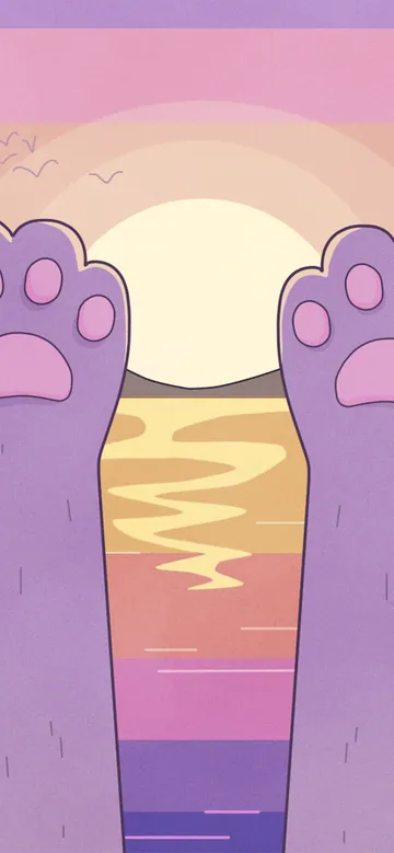 Just Relax phone wallpaper: Two purple cat paws raised toward a golden sunset over the sea, under a pastel pink sky