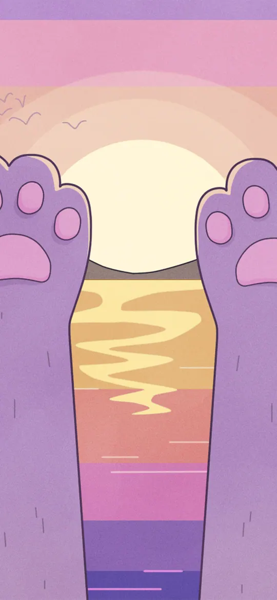 Just Relax phone wallpaper by Purrple Cat: Two purple cat paws raised toward a golden sunset over the sea, under a pastel pink sky