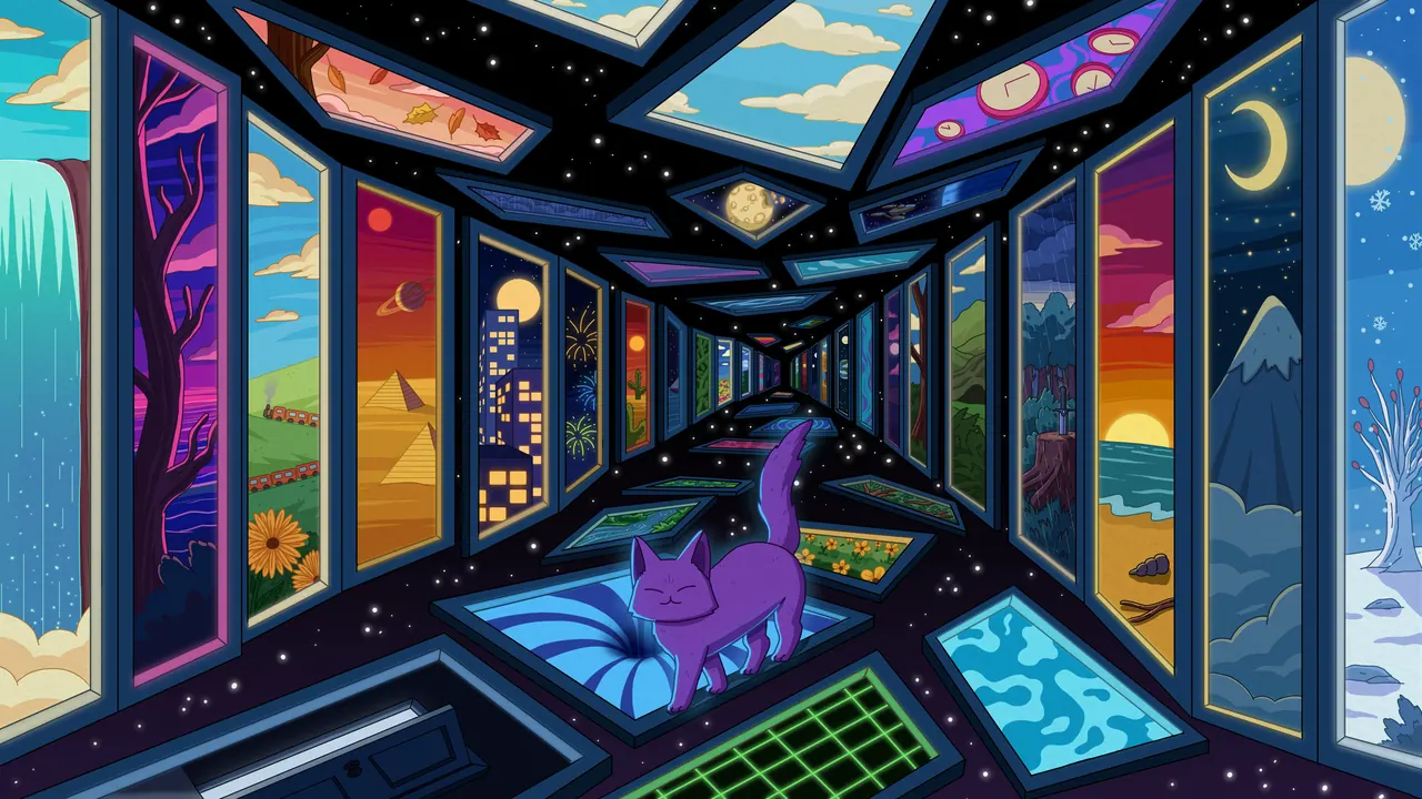 Multiverse 2 desktop wallpaper by Purrple Cat: A purple cat standing in a neon space corridor lined with portal windows into other worlds: a waterfall, a city, a desert sunset, a snowy peak