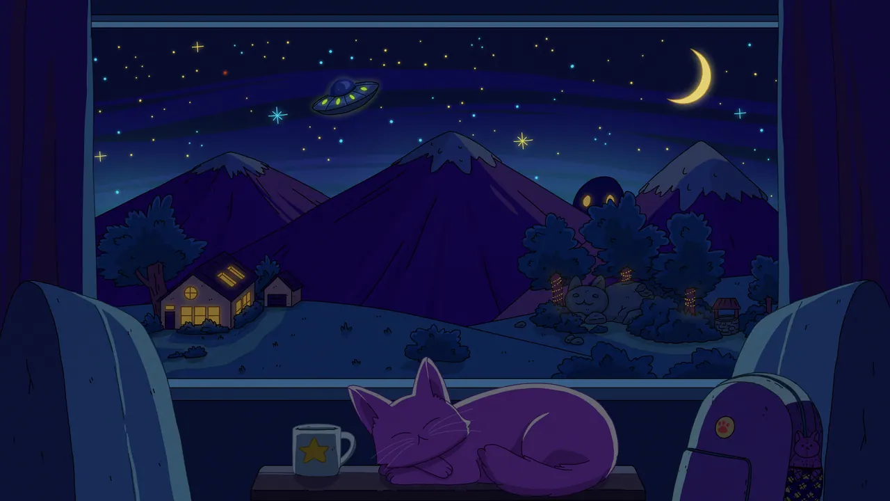 Night Train desktop wallpaper by Purrple Cat: A purple cat asleep on a train table in a dark carriage, a star mug and backpack beside it, purple mountains and a crescent moon through the window