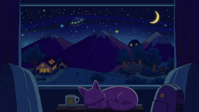 Night Train desktop wallpaper: A purple cat asleep on a train table in a dark carriage, a star mug and backpack beside it, purple mountains and a crescent moon through the window