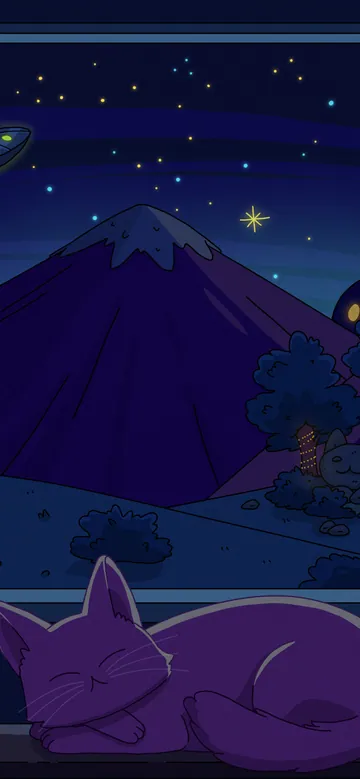 Night Train phone wallpaper: A purple cat asleep on a train table in a dark carriage, a star mug and backpack beside it, purple mountains and a crescent moon through the window