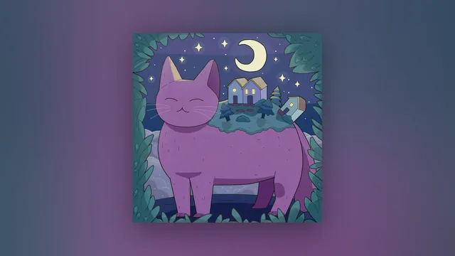 Nostalgia and Moving On desktop wallpaper: A big purple cat standing in a moonlit forest clearing with a little village of houses on its back, under a crescent moon