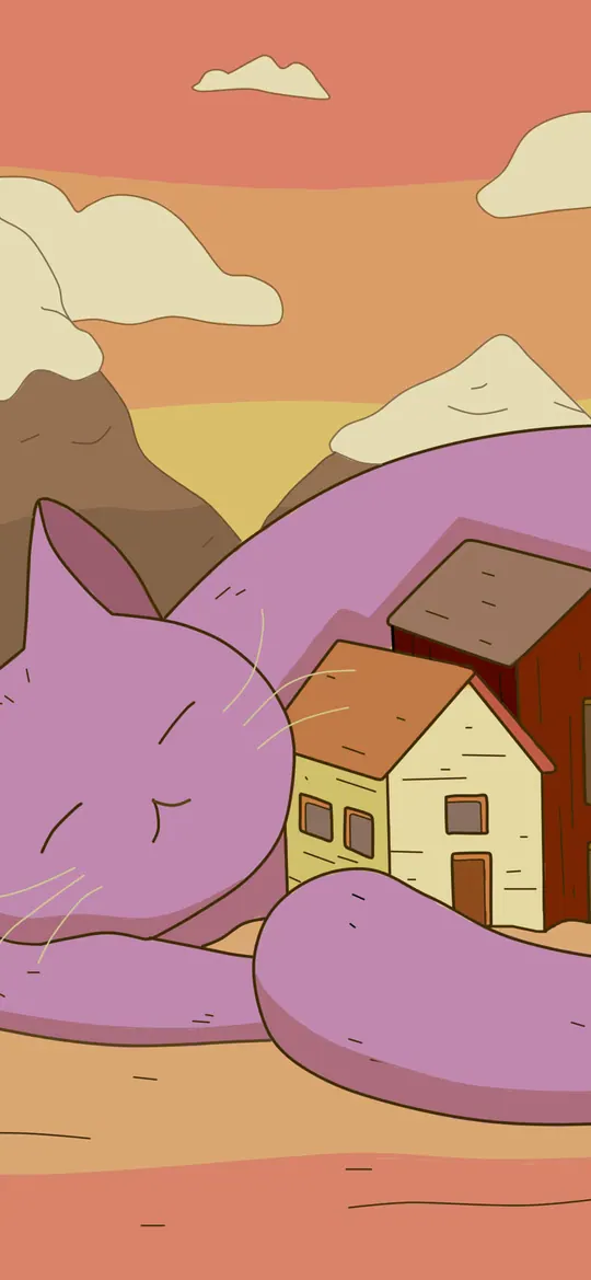 Now or Never phone wallpaper by Purrple Cat: A giant sleeping purple cat curled around a tiny village of houses and a pine tree, under peach clouds and sandy mountains