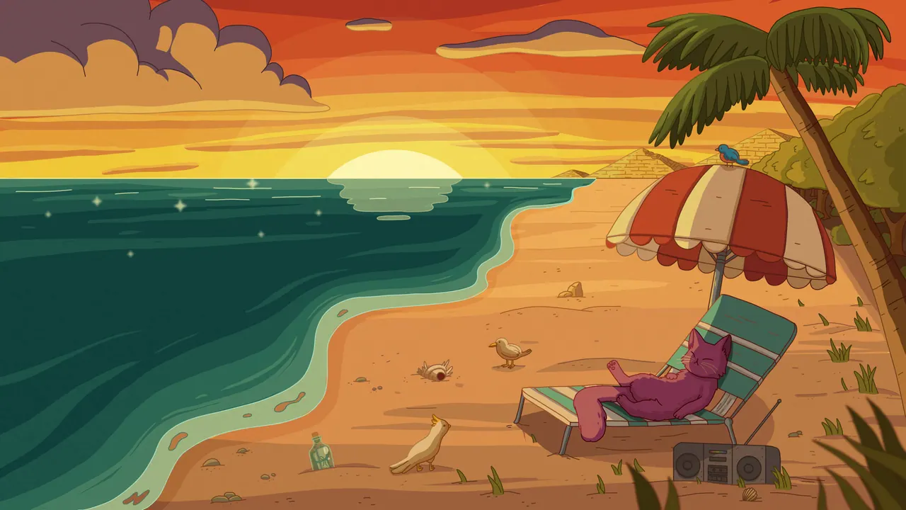 Oasis desktop wallpaper by Purrple Cat: A purple cat lounging on a striped beach chair under an umbrella with a boombox, the sun setting over the sea, a palm tree and seagulls