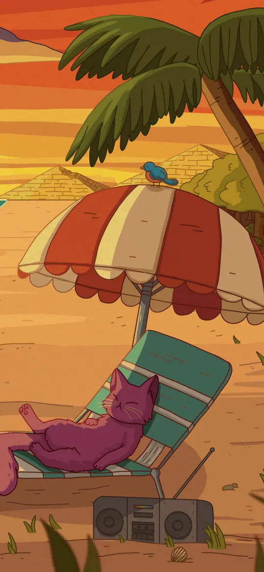 Oasis phone wallpaper by Purrple Cat: A purple cat lounging on a striped beach chair under an umbrella with a boombox, the sun setting over the sea, a palm tree and seagulls