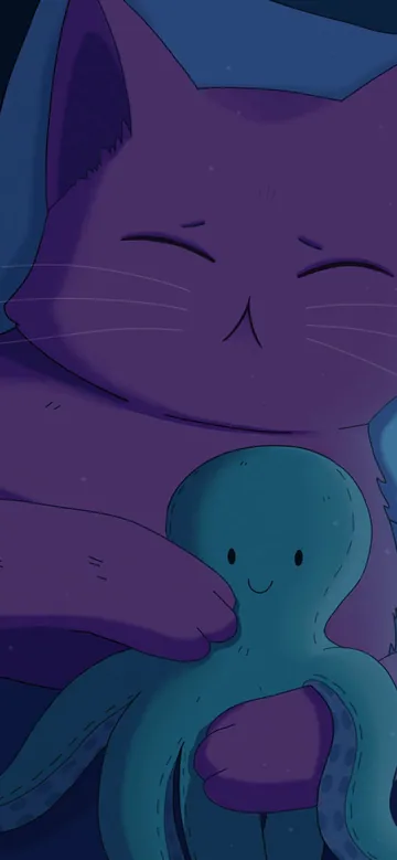 Please Hold Me phone wallpaper: A purple cat asleep in bed under a blue blanket, hugging a smiling teal octopus plush