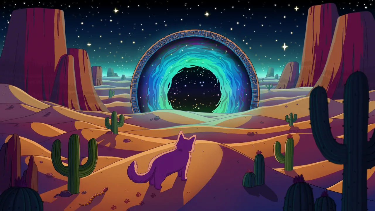 Sands of Time desktop wallpaper by Purrple Cat: A purple cat walking over orange desert dunes with saguaro cacti toward a glowing blue-ringed stone portal under a starry sky