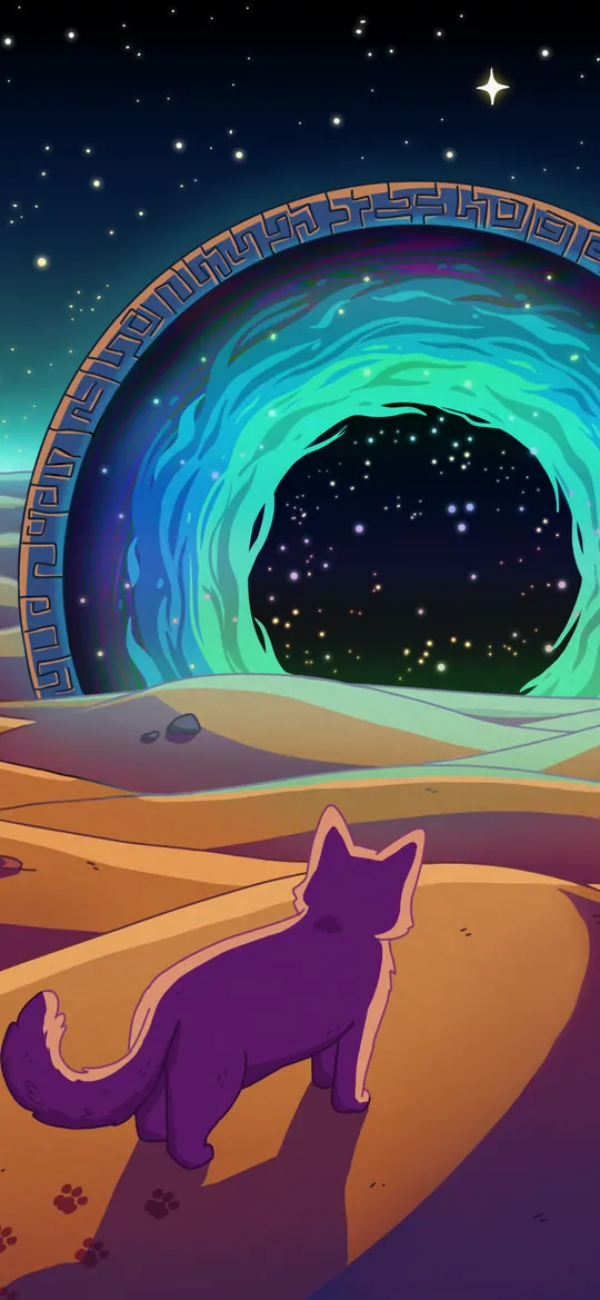 Sands of Time phone wallpaper by Purrple Cat: A purple cat walking over orange desert dunes with saguaro cacti toward a glowing blue-ringed stone portal under a starry sky
