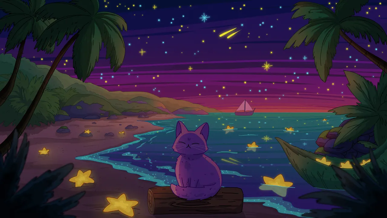 Sea of Stars 2 desktop wallpaper by Purrple Cat: A purple cat on a driftwood log on a tropical beach at night, glowing starfish on the sand, palm fronds and a distant sailboat under a magenta sky