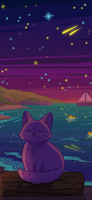 Sea of Stars 2 phone wallpaper: A purple cat on a driftwood log on a tropical beach at night, glowing starfish on the sand, palm fronds and a distant sailboat under a magenta sky
