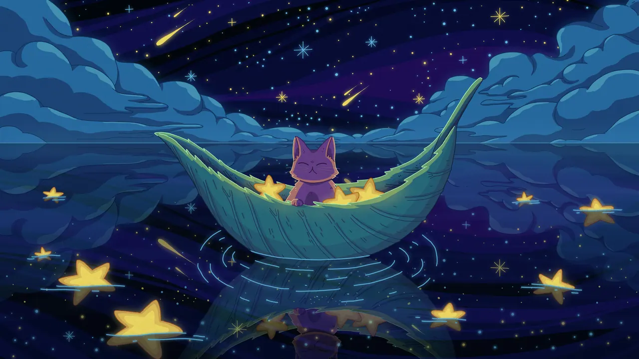 Sea of Stars desktop wallpaper by Purrple Cat: A purple cat in a leaf-shaped boat holding stars, floating on a reflective sea scattered with glowing yellow stars and swirling blue clouds