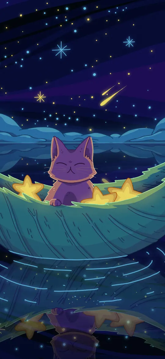 Sea of Stars phone wallpaper by Purrple Cat: A purple cat in a leaf-shaped boat holding stars, floating on a reflective sea scattered with glowing yellow stars and swirling blue clouds
