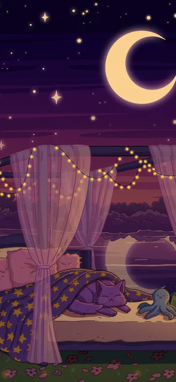 Sleep Tight phone wallpaper: A canopy bed with string lights and sheer curtains on a hilltop under a crescent moon and stars, a purple cat asleep inside by a glowing lantern
