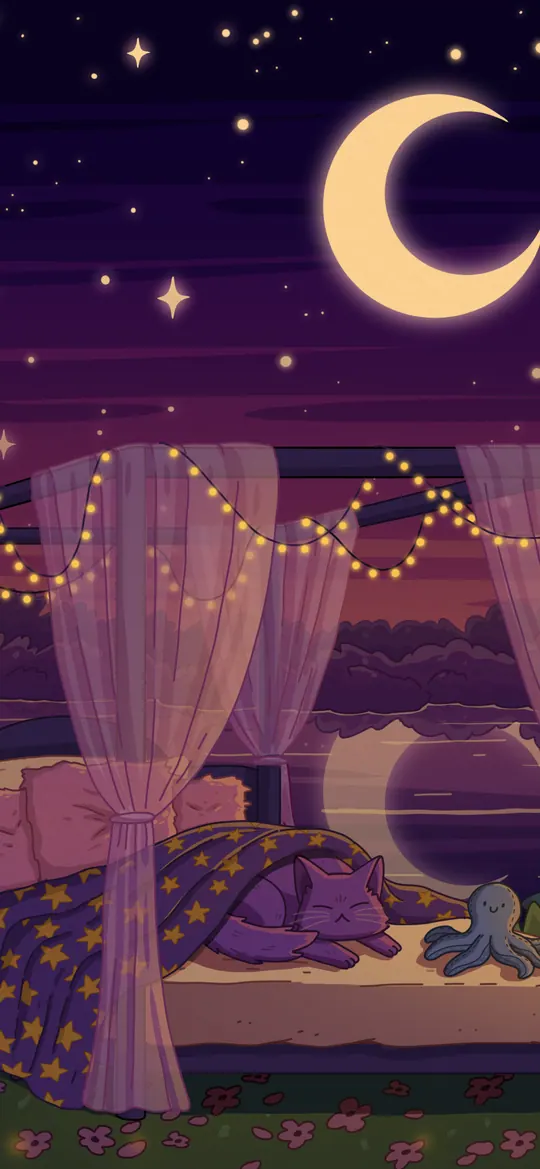 Sleep Tight phone wallpaper by Purrple Cat: A canopy bed with string lights and sheer curtains on a hilltop under a crescent moon and stars, a purple cat asleep inside by a glowing lantern