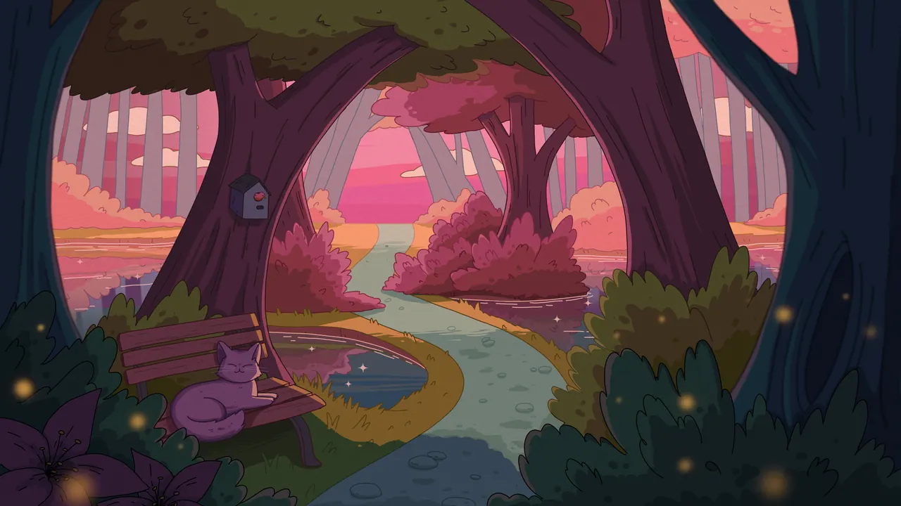 Tranquil Trails desktop wallpaper by Purrple Cat: A purple cat resting on a park bench under big trees by a winding path, a birdhouse and fireflies in peach sunset light