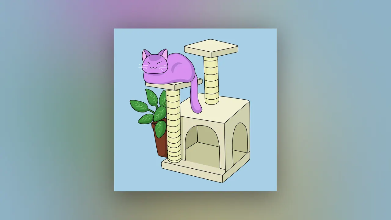 Up All Night desktop wallpaper by Purrple Cat: A purple cat asleep on top of a cream cat tree next to a leafy potted plant, on a plain sky-blue background