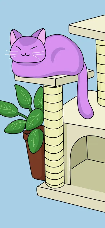 Up All Night phone wallpaper: A purple cat asleep on top of a cream cat tree next to a leafy potted plant, on a plain sky-blue background