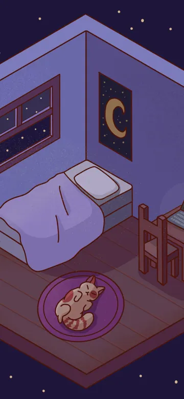 Whispers in the Dark phone wallpaper: An isometric cozy bedroom floating in a starry sky: bed, desk with a laptop, moon and star posters, and a cat asleep on a round rug